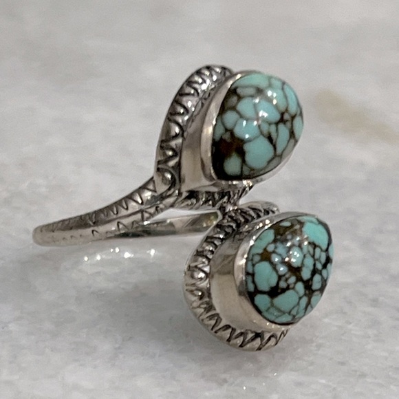 Blue Moon Turquoise Teardrop Black Oxidized Sterling Silver Bypass Silver Ring - Picture 4 of 9